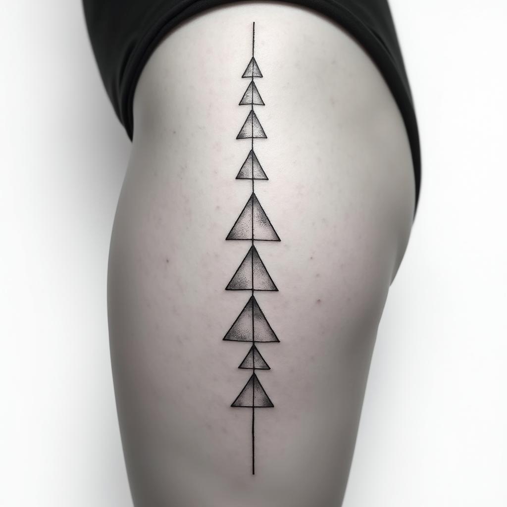 thigh side, modern, line tattoo, balance, with scalein minimalist style tattoo, featuring simple shapes and fine lines, with minimal shading and details, tiny triangles, creating a sense of balance and harmony - Variation 2