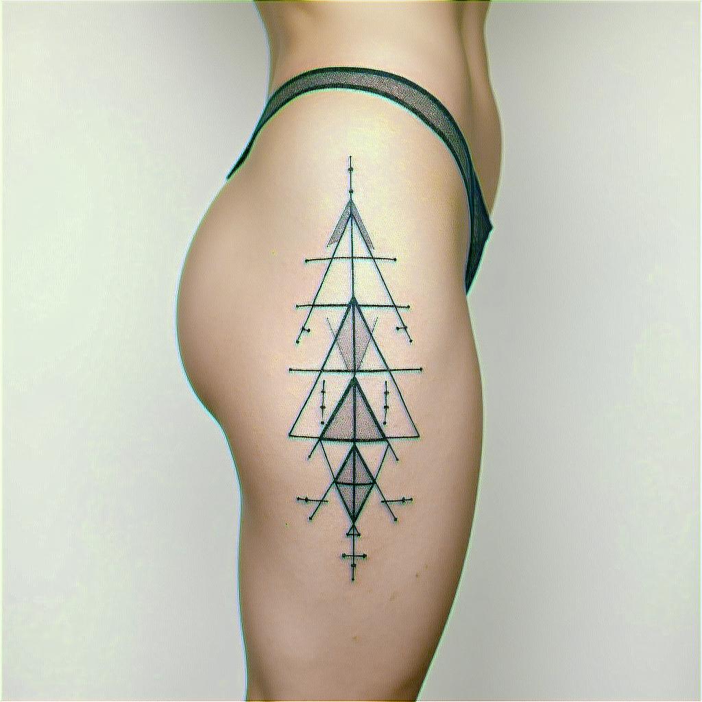 thigh side, modern, line tattoo, balance, with scalein minimalist style tattoo, featuring simple shapes and fine lines, with minimal shading and details, tiny triangles, creating a sense of balance and harmony - Variation 4
