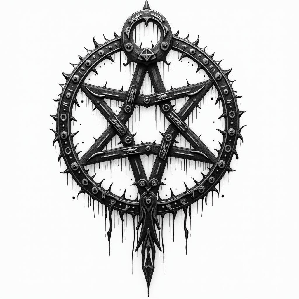 Wood, burning,in paganic style tattoo, featuring ancient symbols, add vegvisir symbol, mystical figures, incorporating designs, pentagrams, runes, crescent moons,