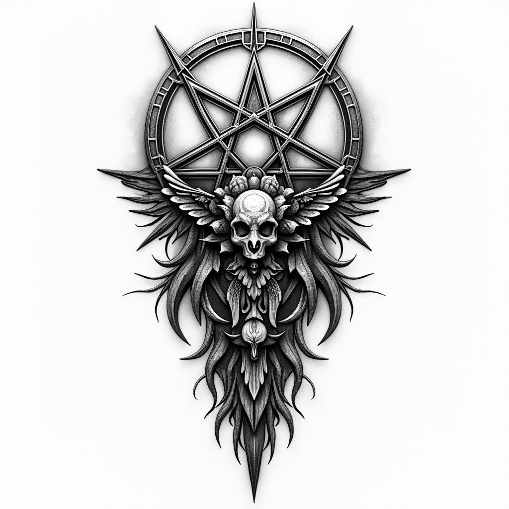 Wood, burning,in paganic style tattoo, featuring ancient symbols, add vegvisir symbol, mystical figures, incorporating designs, pentagrams, runes, crescent moons, - Variation 2