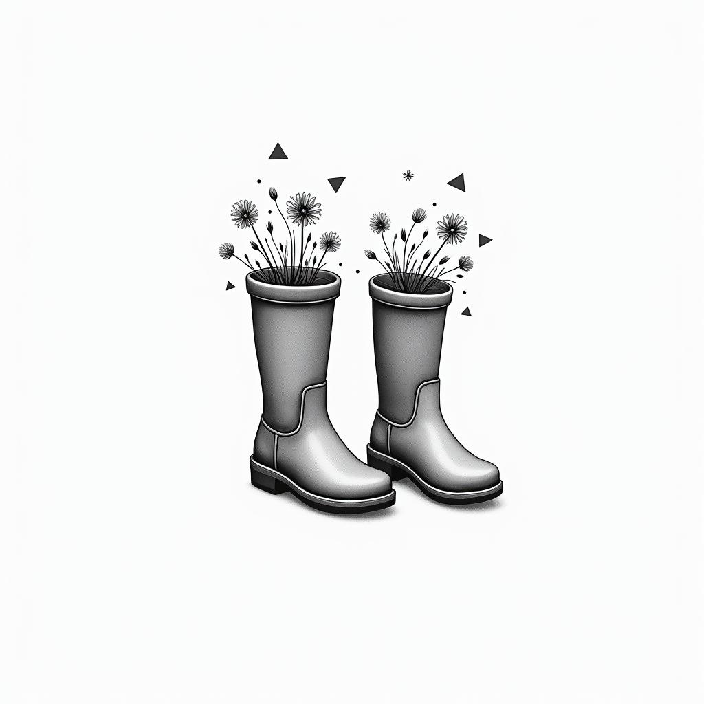 Rubber boots with flowers insidein minimalist style tattoo, featuring simple shapes and fine lines, with minimal shading and details, tiny triangles, creating a sense of balance and harmony