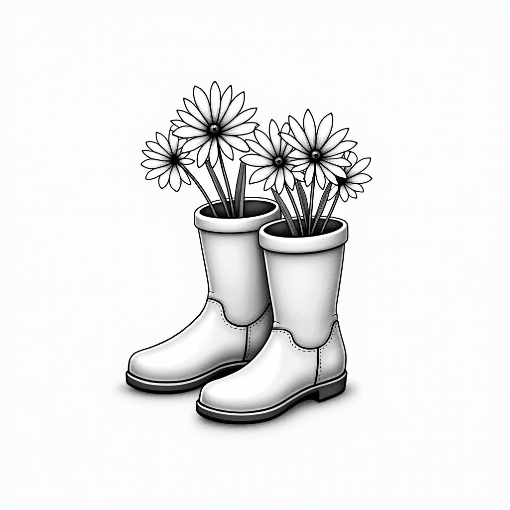 Rubber boots with flowers insidein minimalist style tattoo, featuring simple shapes and fine lines, with minimal shading and details, tiny triangles, creating a sense of balance and harmony - Variation 2