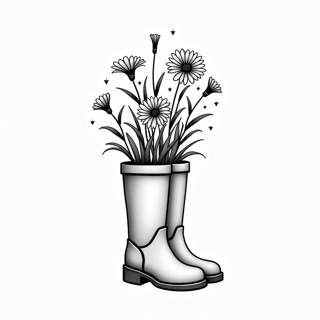 Rubber boots with flowers insidein minimalist style tattoo, featuring simple shapes and fine lines, with minimal shading and details, tiny triangles, creating a sense of balance and harmony - Variation 3
