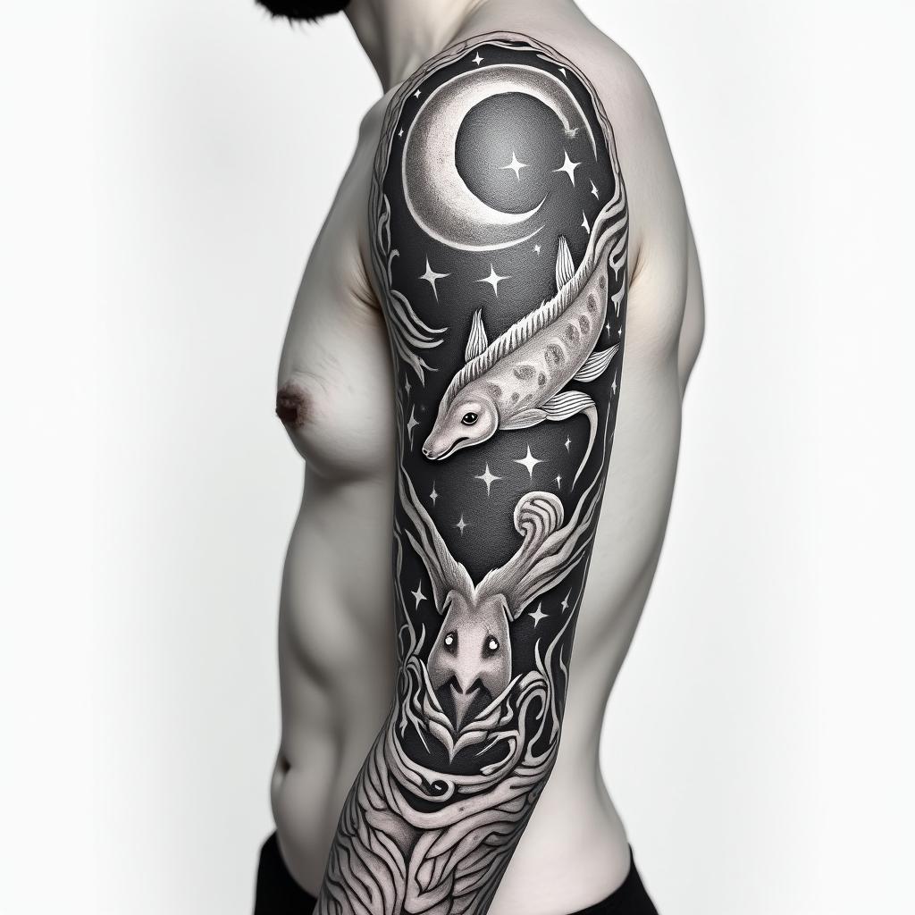I want a full sleeve tattoo with 3 zodiac sign, Libra, Pisces and Gemini.in realism tattoo style, featuring a highly detailed, lifelike, capturing every detail, photorealistic, ultra realistic, intricate shading, smooth and sharp, - Variation 2