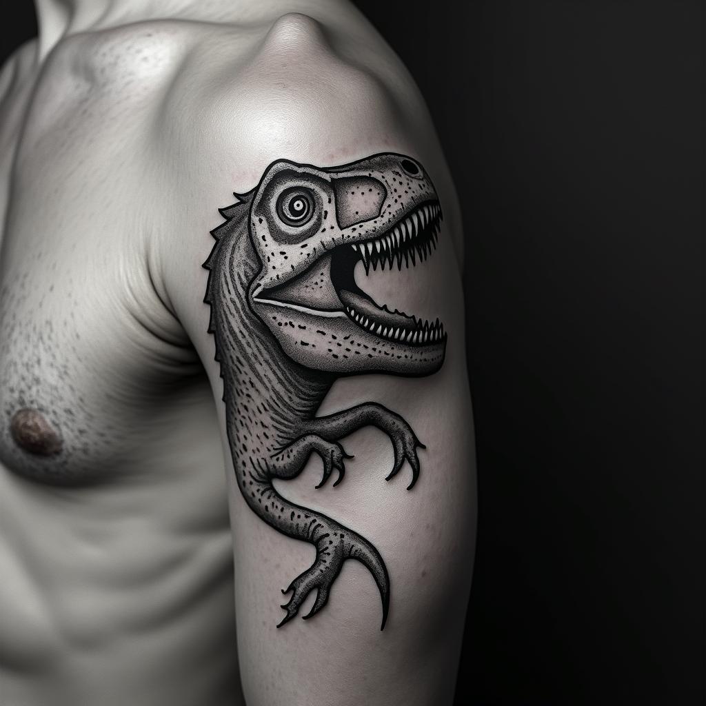 Velociraptorin portrait tattoo style, featuring a highly realistic and detailed depiction  - Variation 4