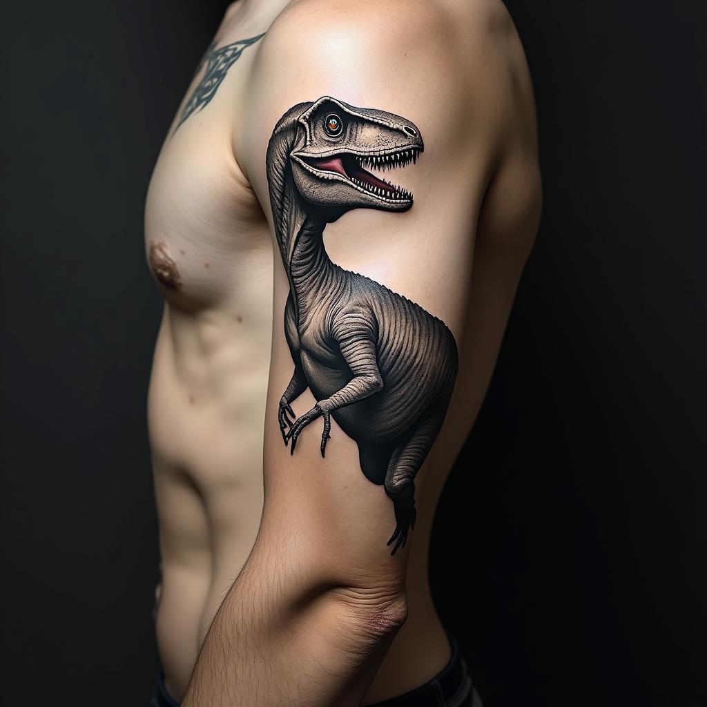 Velociraptorin portrait tattoo style, featuring a highly realistic and detailed depiction 