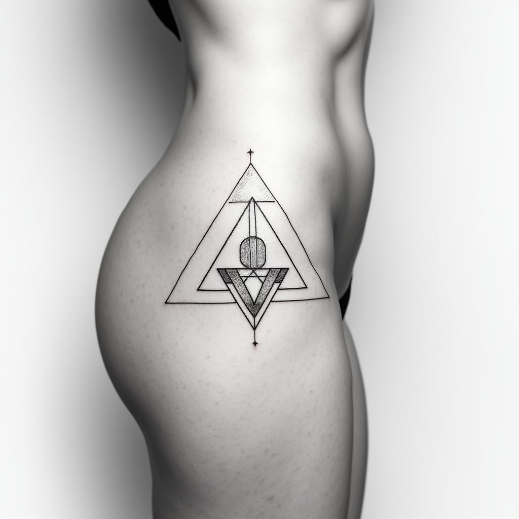 thigh side, modern, line tattoo, balance, scale in minimalist style tattoo, featuring simple shapes and fine lines, with minimal shading and details, tiny triangles, creating a sense of balance and harmony