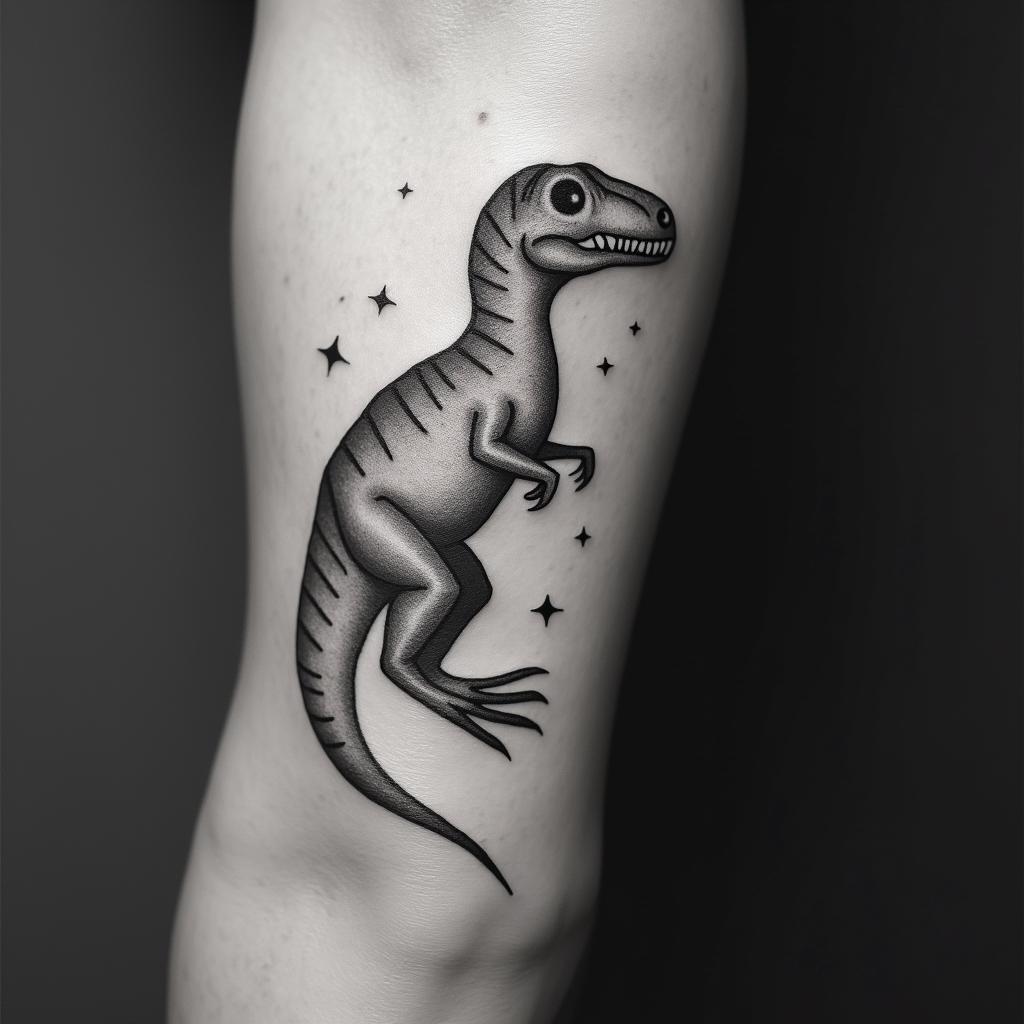 Velociraptorin minimalist style tattoo, featuring simple shapes and fine lines, with minimal shading and details, tiny triangles, creating a sense of balance and harmony - Variation 4