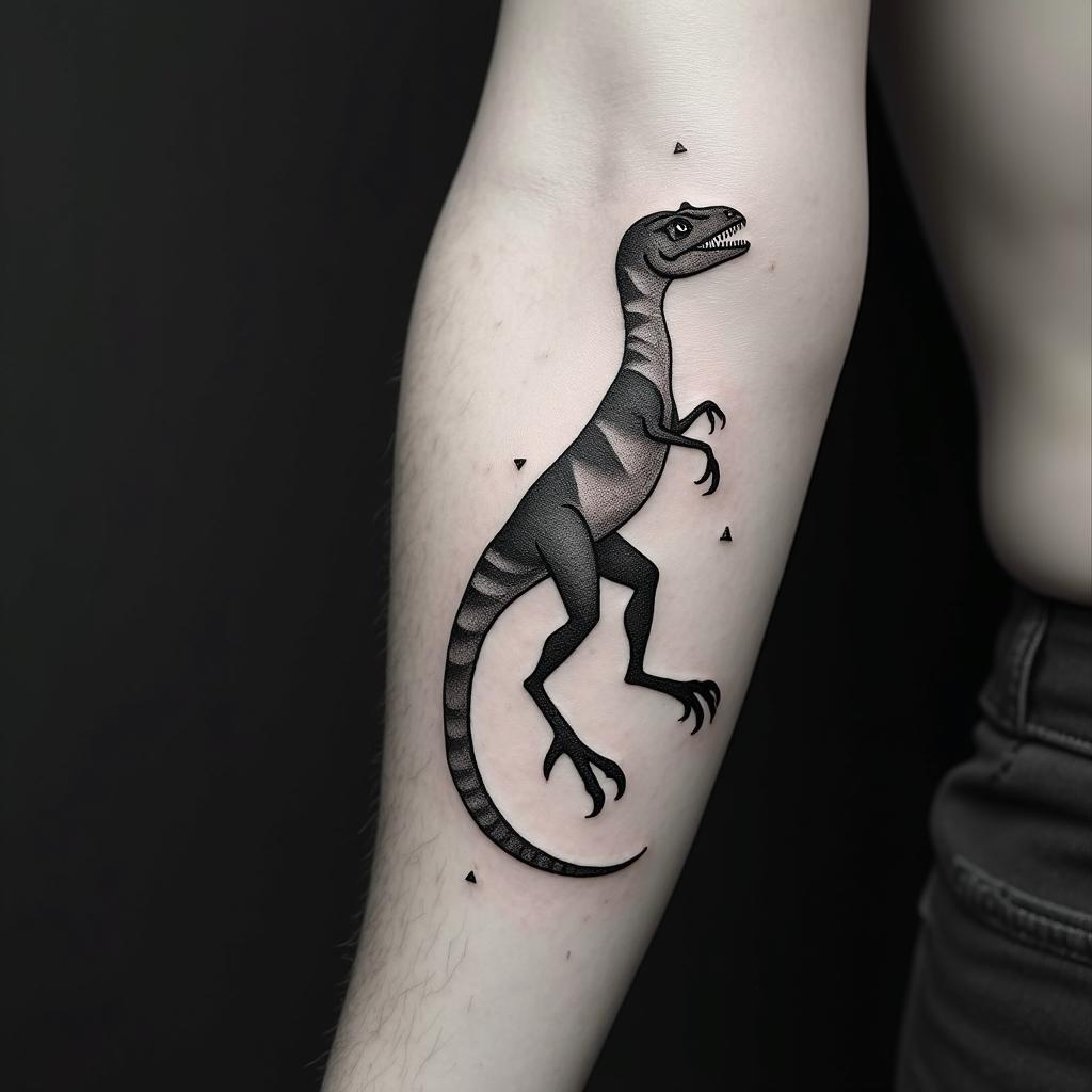 Velociraptorin minimalist style tattoo, featuring simple shapes and fine lines, with minimal shading and details, tiny triangles, creating a sense of balance and harmony - Variation 3