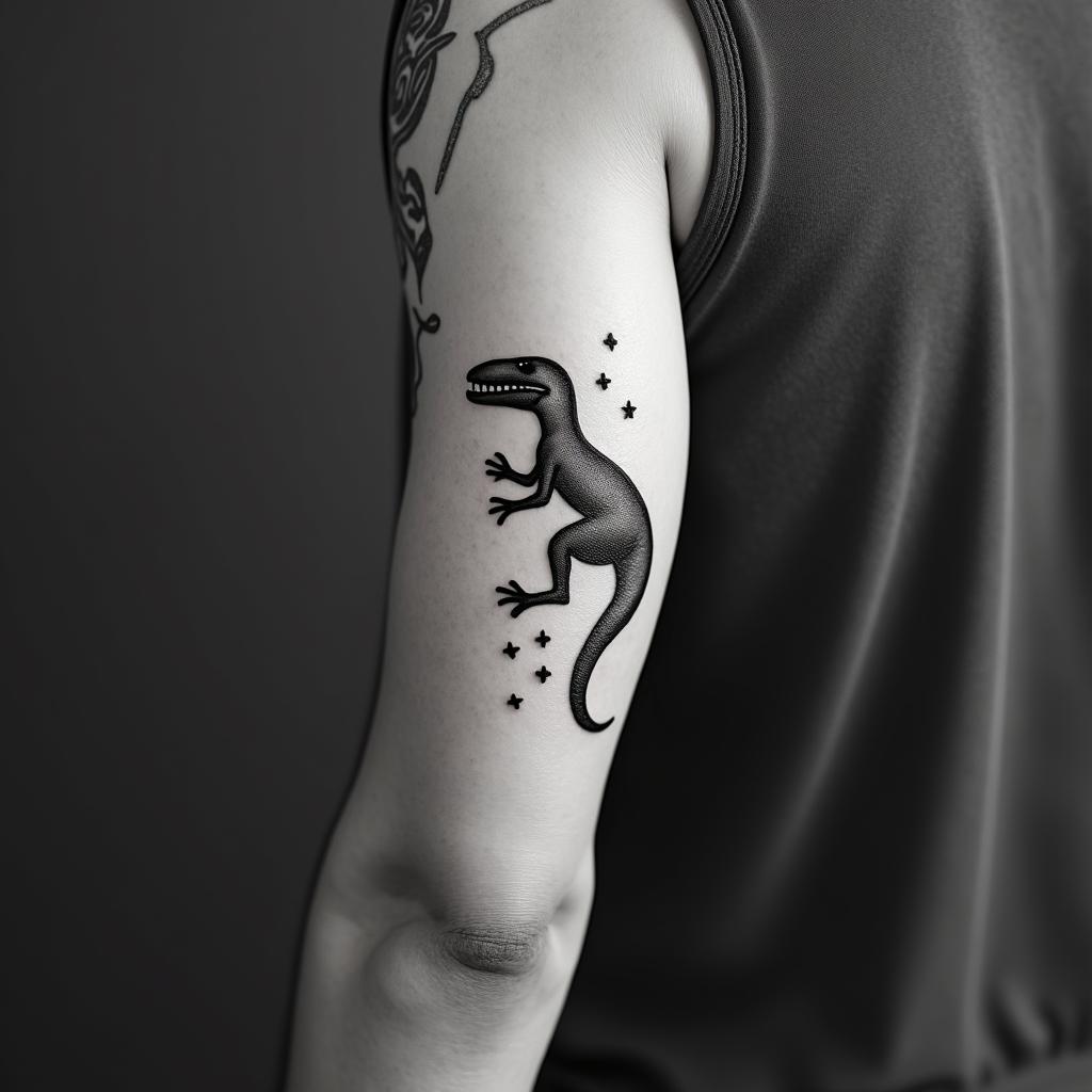 Velociraptorin minimalist style tattoo, featuring simple shapes and fine lines, with minimal shading and details, tiny triangles, creating a sense of balance and harmony - Variation 2