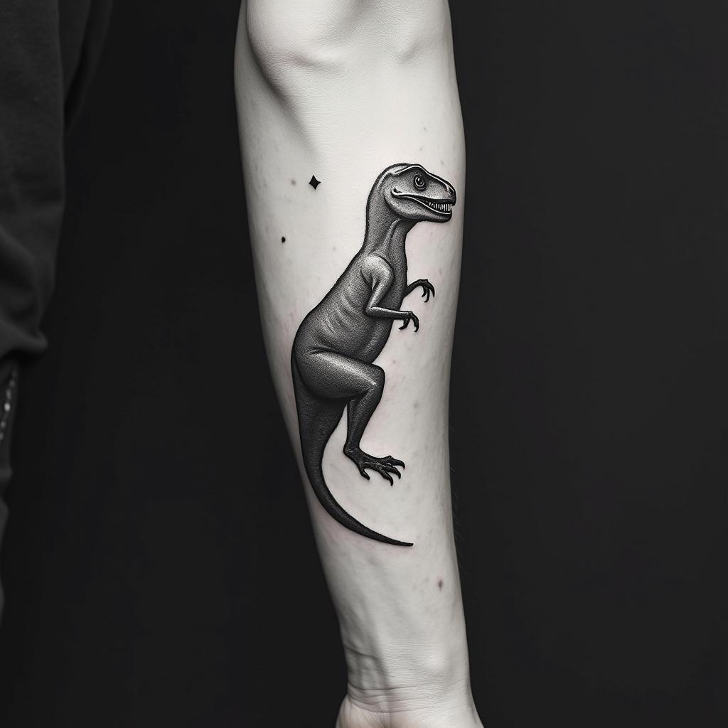 Velociraptorin minimalist style tattoo, featuring simple shapes and fine lines, with minimal shading and details, tiny triangles, creating a sense of balance and harmony