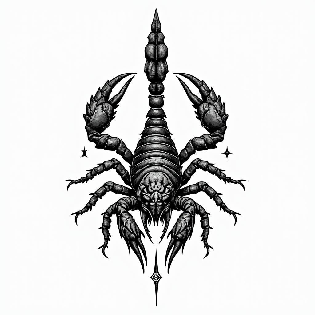 Scorpion with sharp, detailed clawsin paganic style tattoo, featuring ancient symbols, add vegvisir symbol, mystical figures, incorporating designs, pentagrams, runes, crescent moons,