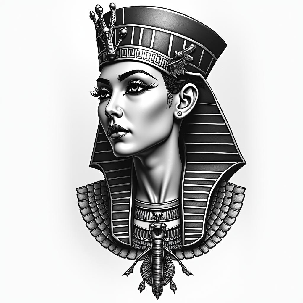 Taryn, Aries, March 28in egyptian style tattoo, bold elements of ancient egyptian culture including a portrait of an Egyptian pharaoh with detailed facial features, in hieroglyphs and symbolic imagery, eye of horus, ankh symbol, scarab beetle - Variation 6