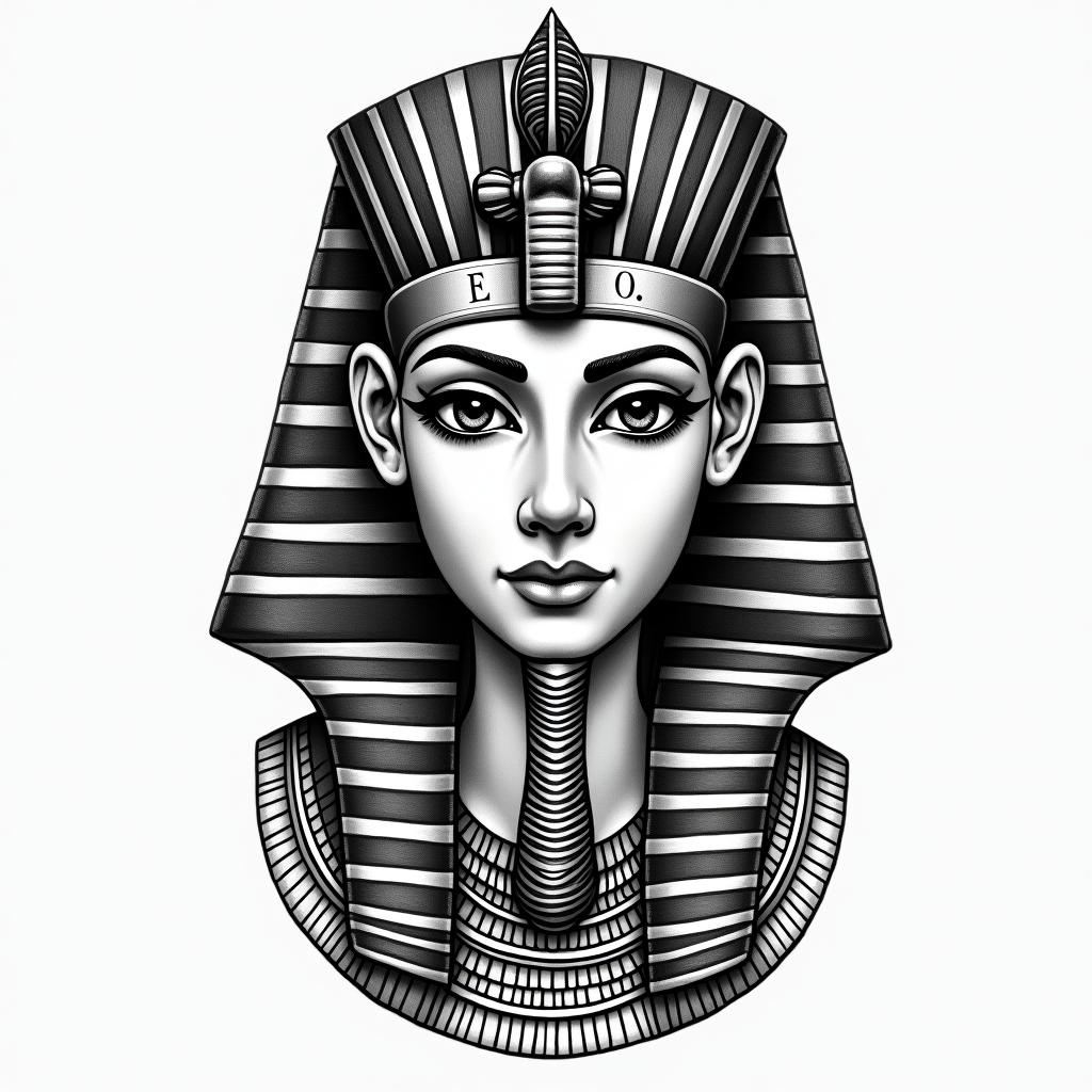 Taryn, Aries, March 28in egyptian style tattoo, bold elements of ancient egyptian culture including a portrait of an Egyptian pharaoh with detailed facial features, in hieroglyphs and symbolic imagery, eye of horus, ankh symbol, scarab beetle - Variation 8
