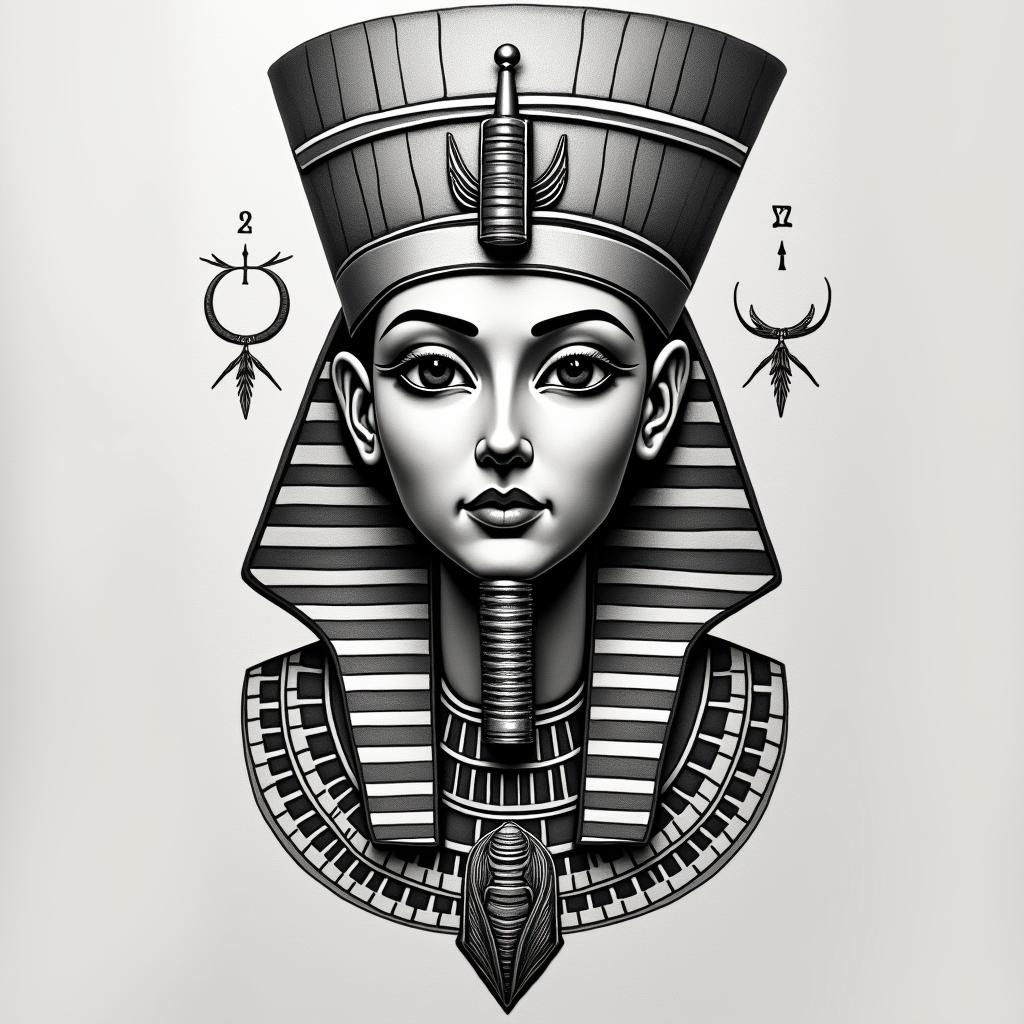 Taryn, Aries, March 28in egyptian style tattoo, bold elements of ancient egyptian culture including a portrait of an Egyptian pharaoh with detailed facial features, in hieroglyphs and symbolic imagery, eye of horus, ankh symbol, scarab beetle - Variation 5