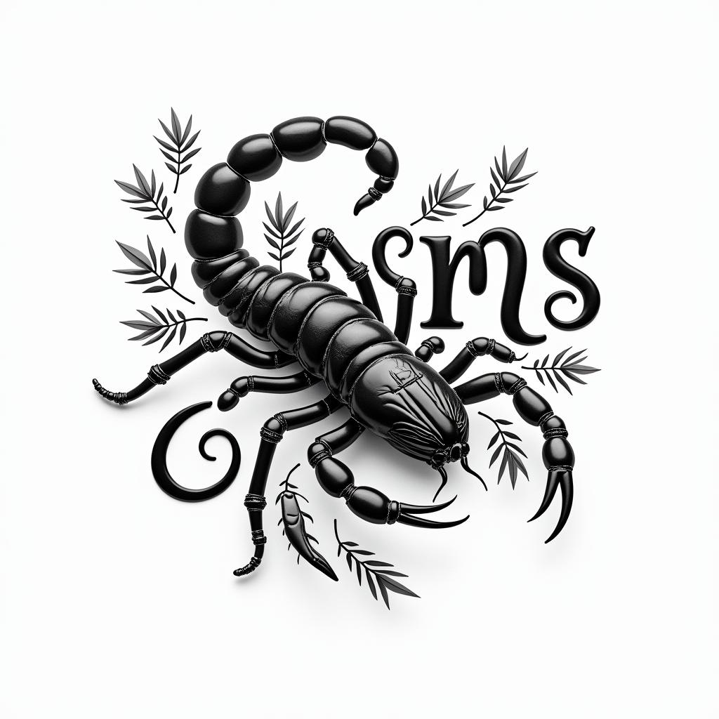 Scorpion with sharp and detailed pincersin elegant cursive calligraphy style 2d tattoo, decorate with roses, featuring a smooth and flowing handwritten script with slightly thickened strokes for a luxurious and bold appearance, heart symbol between names, sleek and glossy black text with shadowing, minimalist matte white background, clean and sharp edges, illuminated with soft lighting, romantic, 8k, high-quality textures with refined typography - Variation 4