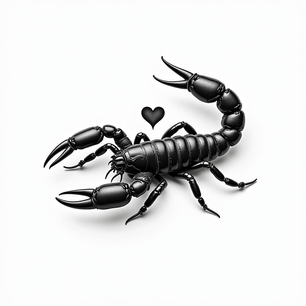 Scorpion with sharp and detailed pincersin elegant cursive calligraphy style 2d tattoo, decorate with roses, featuring a smooth and flowing handwritten script with slightly thickened strokes for a luxurious and bold appearance, heart symbol between names, sleek and glossy black text with shadowing, minimalist matte white background, clean and sharp edges, illuminated with soft lighting, romantic, 8k, high-quality textures with refined typography