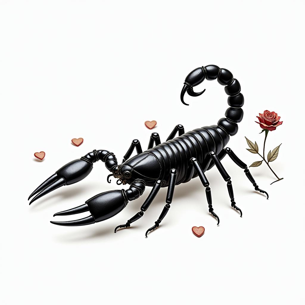 Scorpion with sharp and detailed pincersin elegant cursive calligraphy style 2d tattoo, decorate with roses, featuring a smooth and flowing handwritten script with slightly thickened strokes for a luxurious and bold appearance, heart symbol between names, sleek and glossy black text with shadowing, minimalist matte white background, clean and sharp edges, illuminated with soft lighting, romantic, 8k, high-quality textures with refined typography - Variation 2