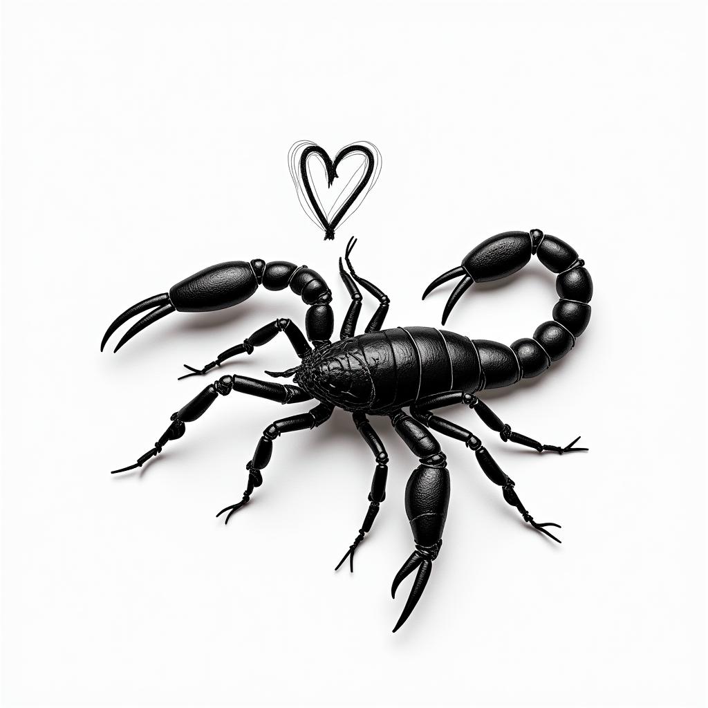 Scorpion with sharp and detailed pincersin elegant cursive calligraphy style 2d tattoo, decorate with roses, featuring a smooth and flowing handwritten script with slightly thickened strokes for a luxurious and bold appearance, heart symbol between names, sleek and glossy black text with shadowing, minimalist matte white background, clean and sharp edges, illuminated with soft lighting, romantic, 8k, high-quality textures with refined typography - Variation 3