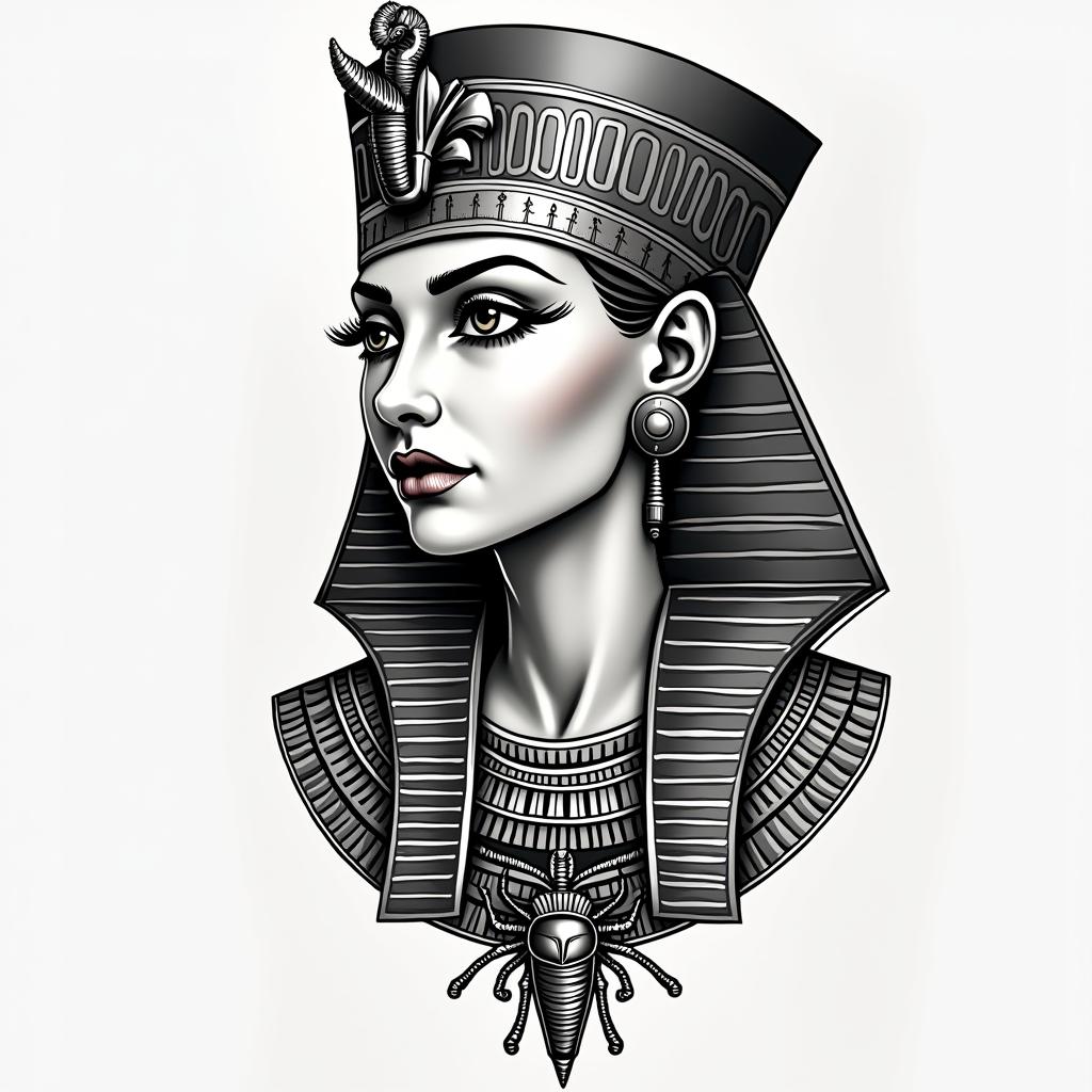 Taryn, Aries, March 28in egyptian style tattoo, bold elements of ancient egyptian culture including a portrait of an Egyptian pharaoh with detailed facial features, in hieroglyphs and symbolic imagery, eye of horus, ankh symbol, scarab beetle - Variation 2