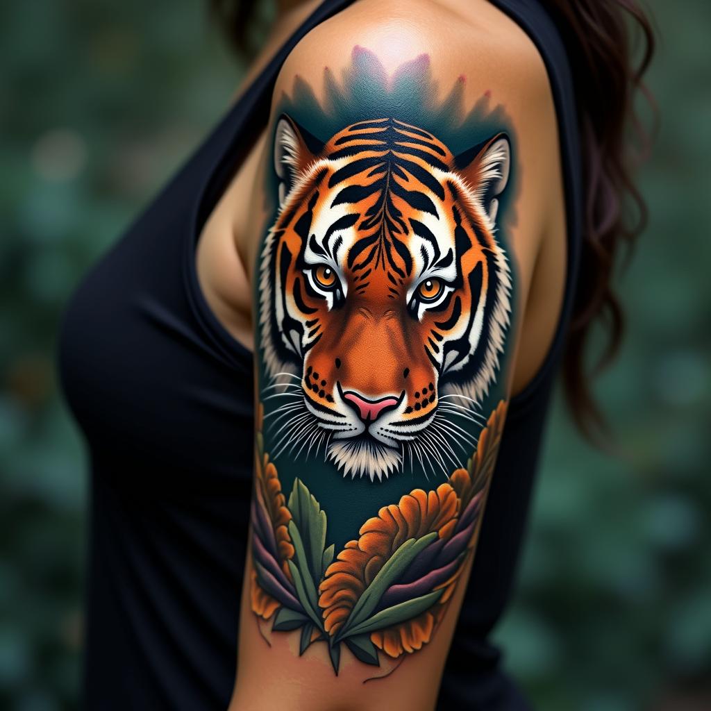 Tiger with intense eyes in a junglein realism tattoo style, featuring a highly detailed, lifelike, capturing every detail, photorealistic, ultra realistic, intricate shading, smooth and sharp, - Variation 3