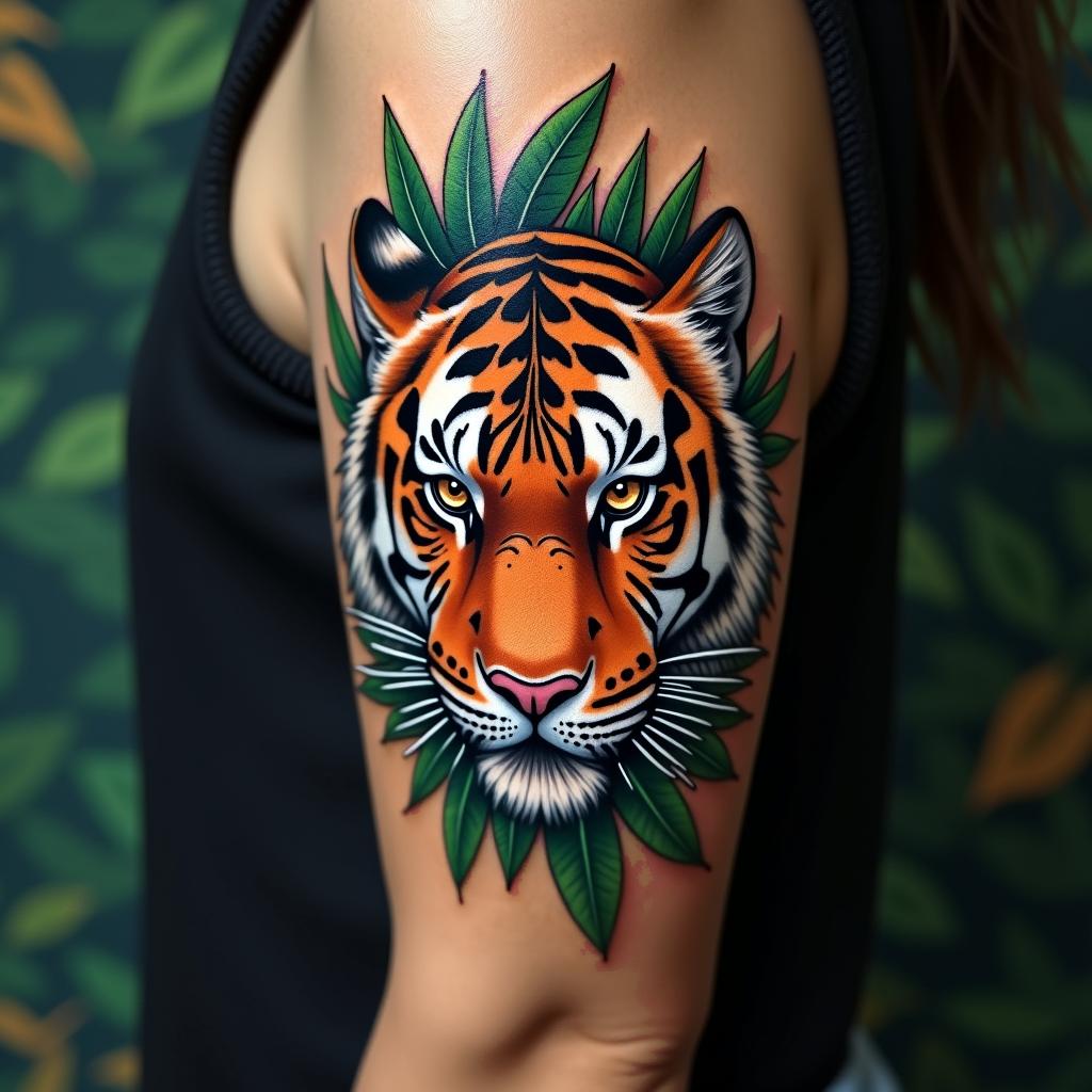 Tiger with intense eyes in a junglein realism tattoo style, featuring a highly detailed, lifelike, capturing every detail, photorealistic, ultra realistic, intricate shading, smooth and sharp, - Variation 4