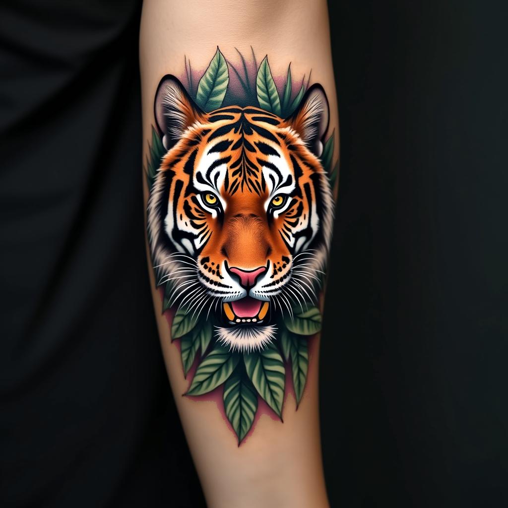 Tiger with intense eyes in a junglein realism tattoo style, featuring a highly detailed, lifelike, capturing every detail, photorealistic, ultra realistic, intricate shading, smooth and sharp, - Variation 2