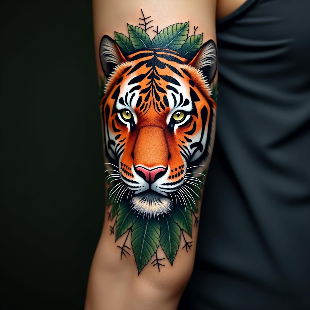 Tiger with intense eyes in a junglein realism tattoo style, featuring a highly detailed, lifelike, capturing every detail, photorealistic, ultra realistic, intricate shading, smooth and sharp,  