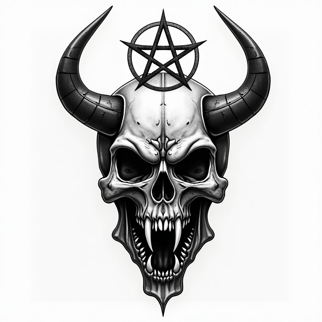 Viking warrior facecreepy horror tattoo style, featuring an eerie and unsettling skull of a demonic creature, distorted face with sharp fangs, add pentagram symbol