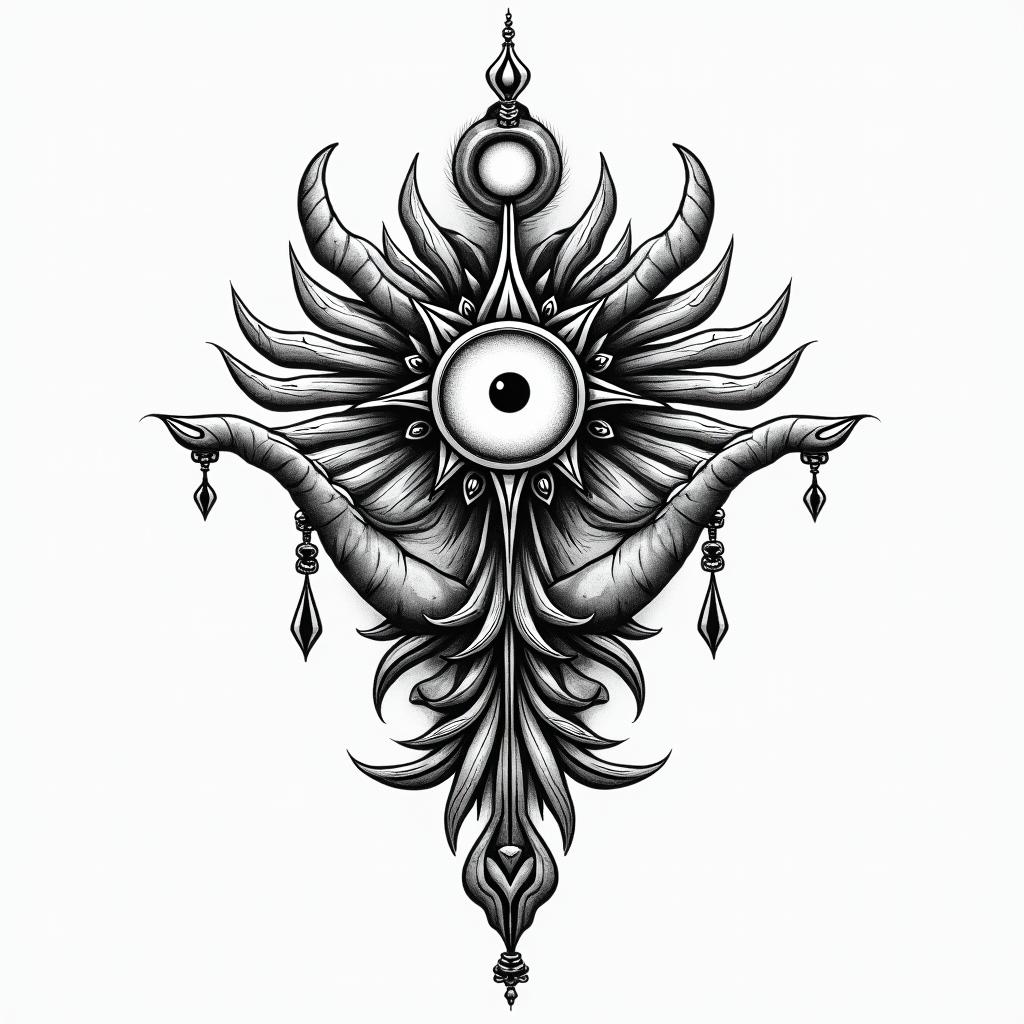 Aline, virgin, night, 1986in spiritual symbols tattoo style, featuring an intricate design incorporating elements, Hamsa hand, third eye, minimalist composition - Variation 2