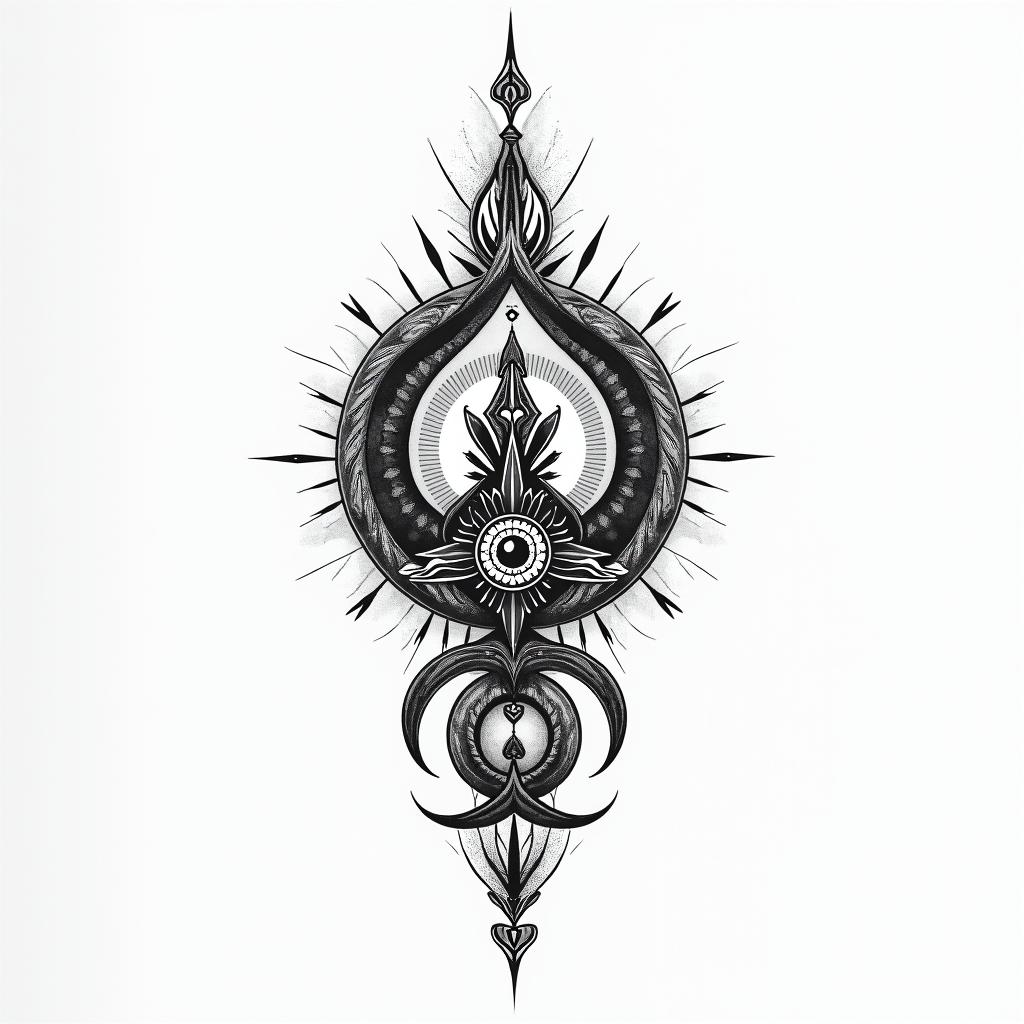 Aline, virgin, night, 1986in spiritual symbols tattoo style, featuring an intricate design incorporating elements, Hamsa hand, third eye, minimalist composition