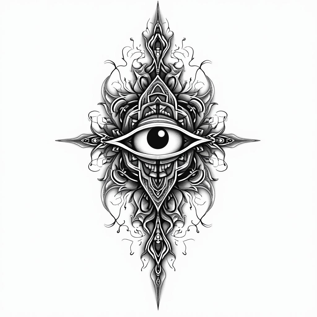 Aline, virgin, night, 1986in spiritual symbols tattoo style, featuring an intricate design incorporating elements, Hamsa hand, third eye, minimalist composition - Variation 3