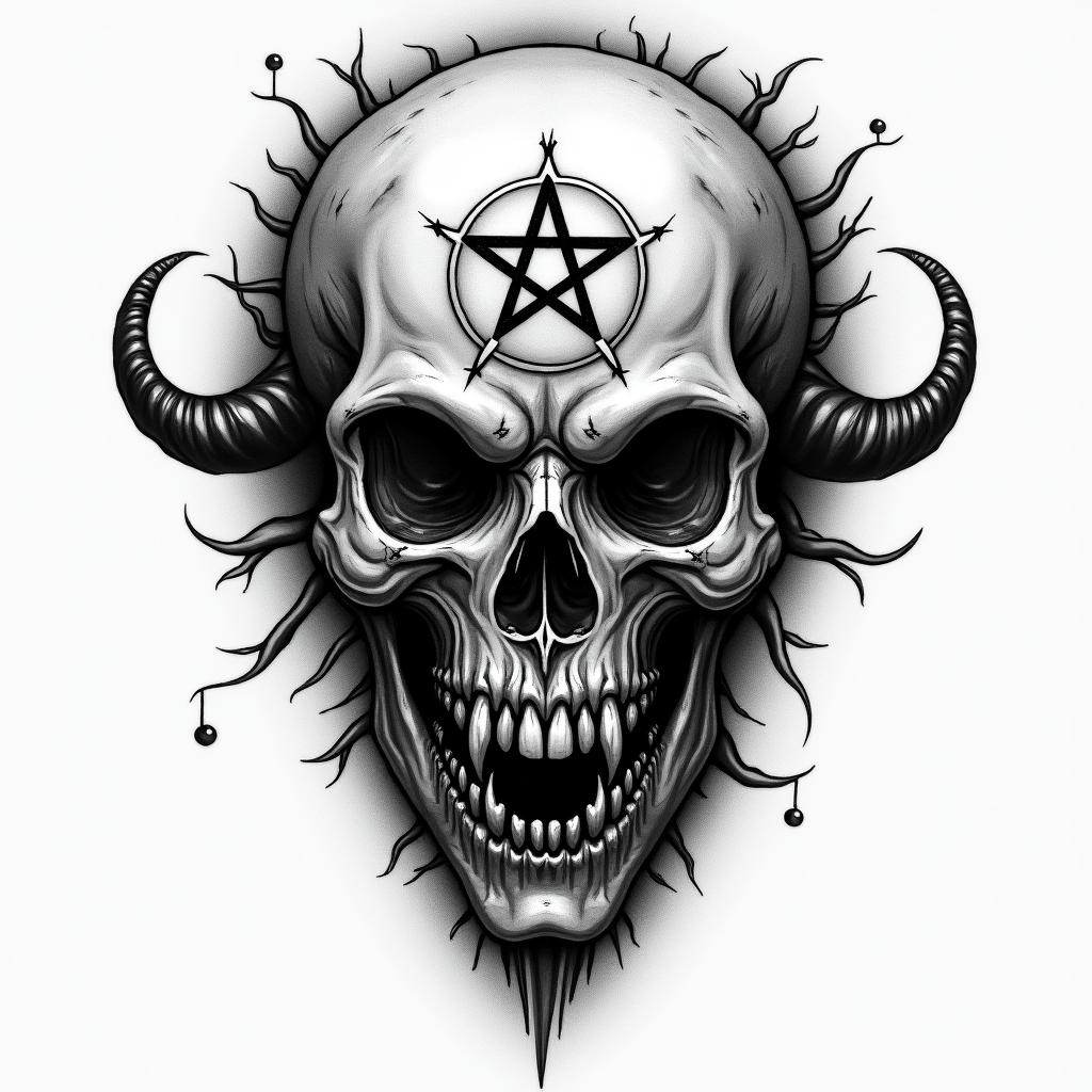 Mandi, Leo, Mainecreepy horror tattoo style, featuring an eerie and unsettling skull of a demonic creature, distorted face with sharp fangs, add pentagram symbol - Variation 3