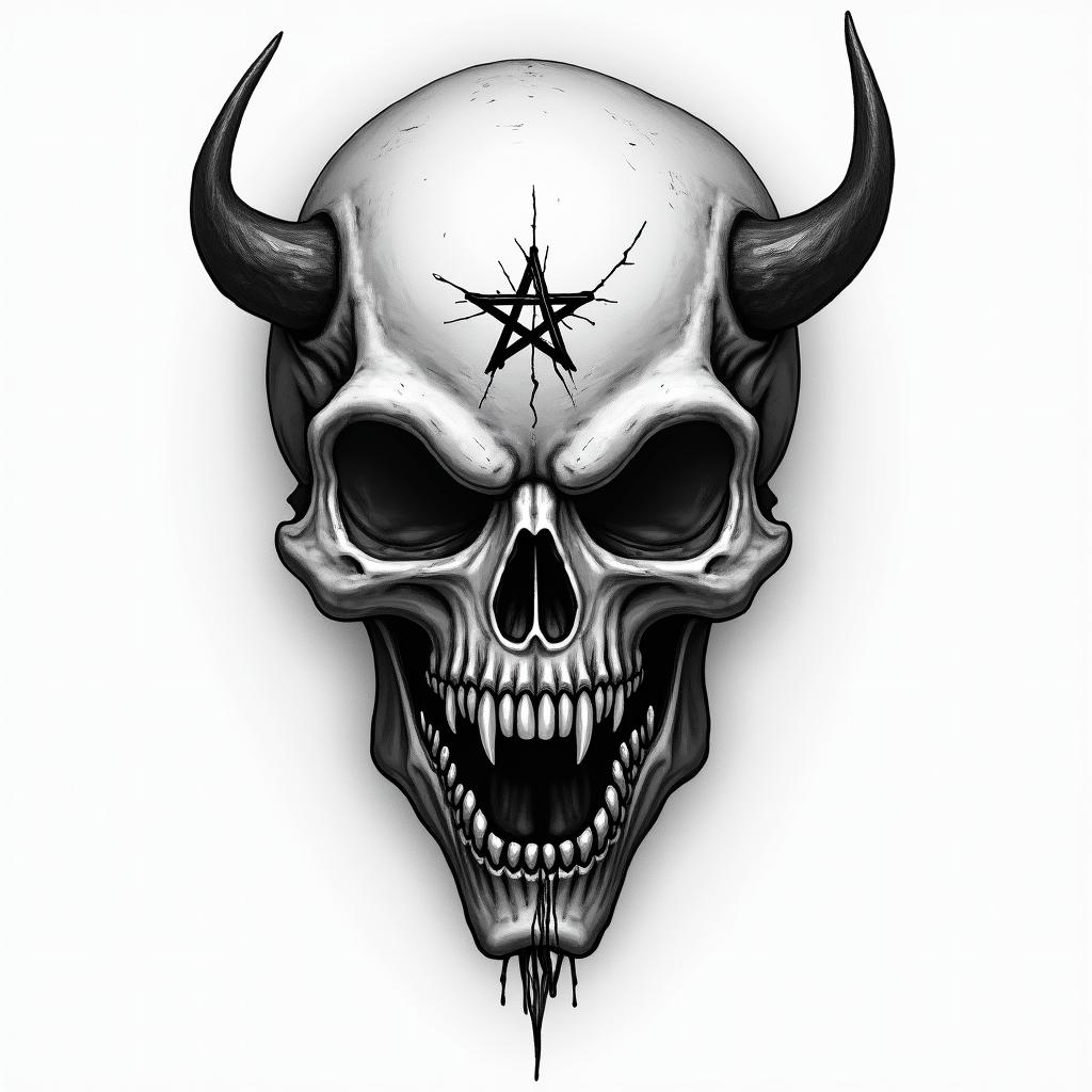Mandi, Leo, Mainecreepy horror tattoo style, featuring an eerie and unsettling skull of a demonic creature, distorted face with sharp fangs, add pentagram symbol - Variation 4