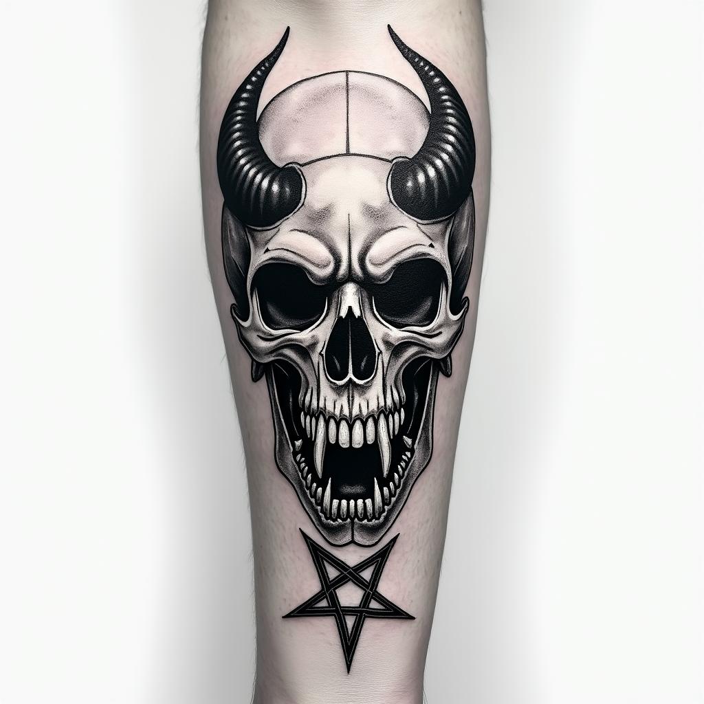 Bio mechanical sleevecreepy horror tattoo style, featuring an eerie and unsettling skull of a demonic creature, distorted face with sharp fangs, add pentagram symbol