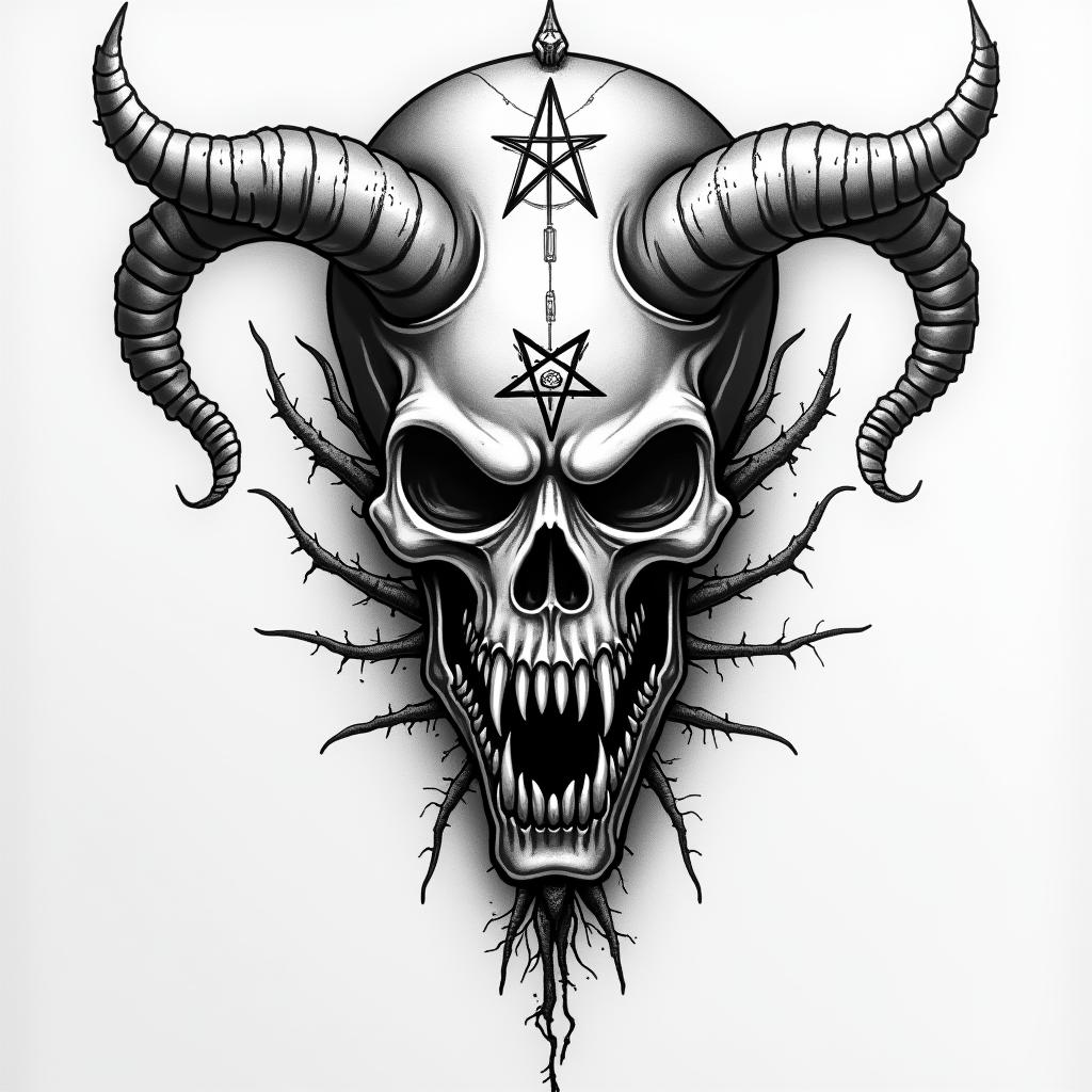 Bio mechanical sleevecreepy horror tattoo style, featuring an eerie and unsettling skull of a demonic creature, distorted face with sharp fangs, add pentagram symbol - Variation 3