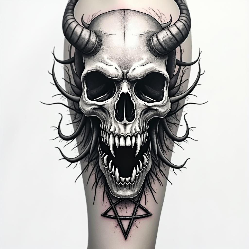 Bio mechanical sleevecreepy horror tattoo style, featuring an eerie and unsettling skull of a demonic creature, distorted face with sharp fangs, add pentagram symbol - Variation 2