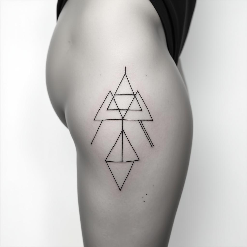 thigh side, modern, line tattoo, balancein minimalist style tattoo, featuring simple shapes and fine lines, with minimal shading and details, tiny triangles, creating a sense of balance and harmony