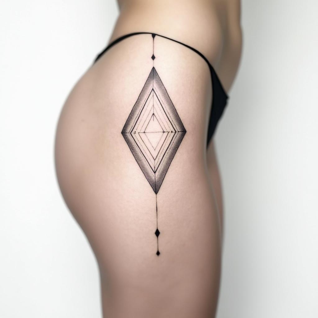 thigh side, modern, line tattoo, balancein minimalist style tattoo, featuring simple shapes and fine lines, with minimal shading and details, tiny triangles, creating a sense of balance and harmony - Variation 3