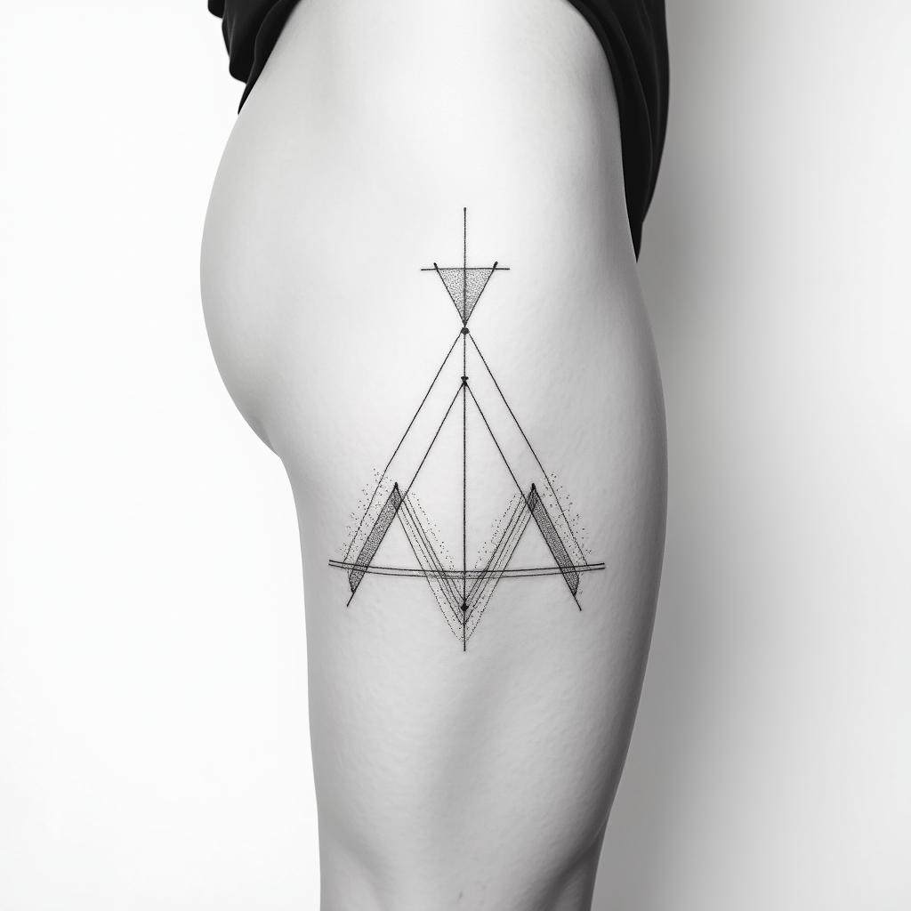 thigh side, modern, line tattoo, balancein minimalist style tattoo, featuring simple shapes and fine lines, with minimal shading and details, tiny triangles, creating a sense of balance and harmony - Variation 2