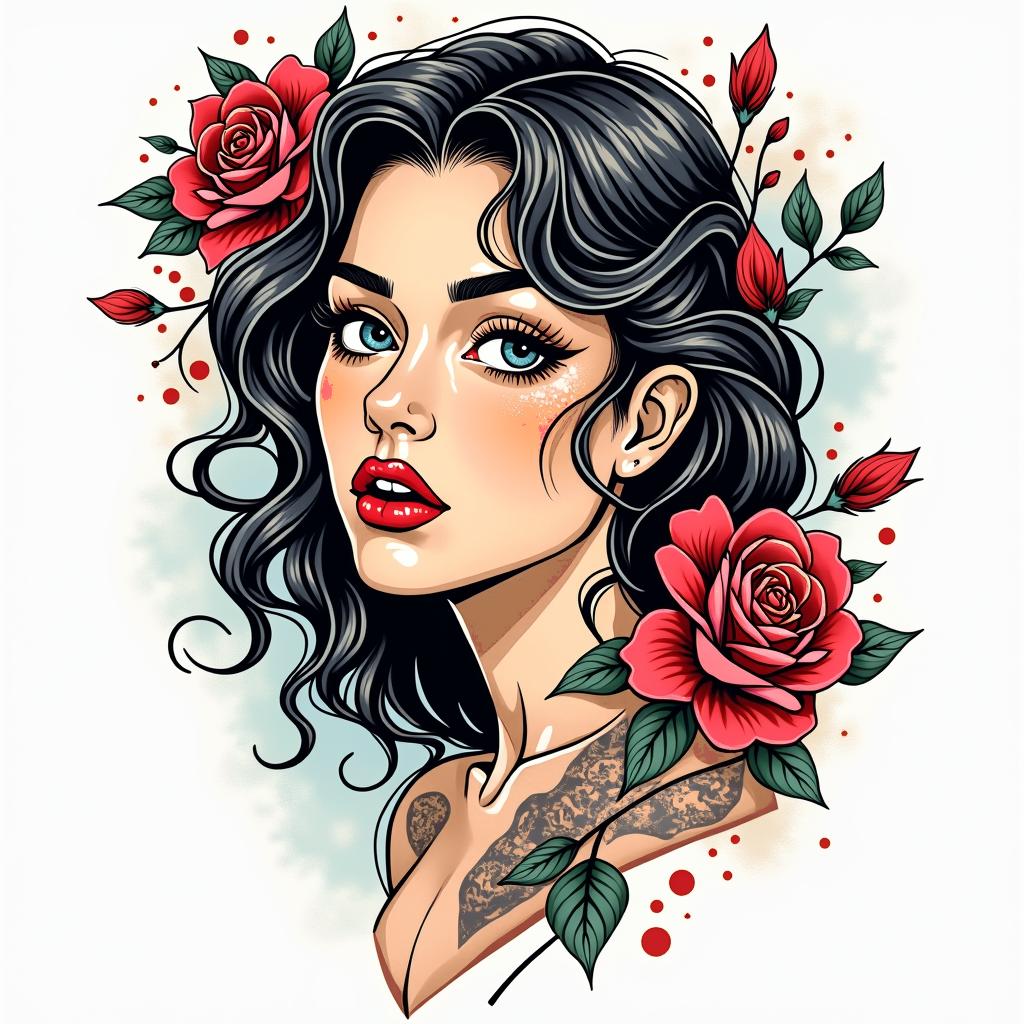 Taryn, Ariesin pop art style tattoo, featuring bold and vibrant colors, exaggerated outlines, iconic imagery, inspired by comic books and speech bubbles, comic book characters, retro pop culture - Variation 3