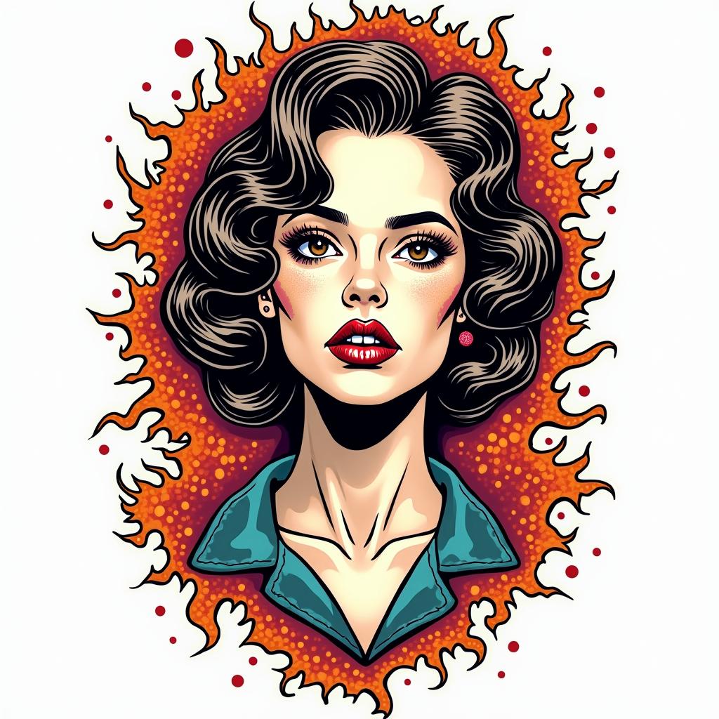 Taryn, Ariesin pop art style tattoo, featuring bold and vibrant colors, exaggerated outlines, iconic imagery, inspired by comic books and speech bubbles, comic book characters, retro pop culture - Variation 4