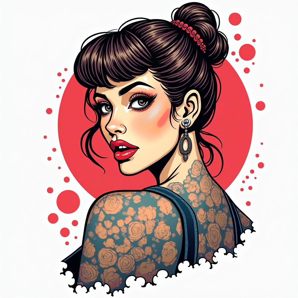 Taryn, Ariesin pop art style tattoo, featuring bold and vibrant colors, exaggerated outlines, iconic imagery, inspired by comic books and speech bubbles, comic book characters, retro pop culture - Variation 2