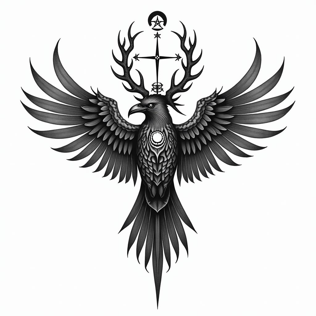 Crow, entwine, thorn, sideways, flap.in paganic style tattoo, featuring ancient symbols, add vegvisir symbol, mystical figures, incorporating designs, pentagrams, runes, crescent moons, - Variation 4