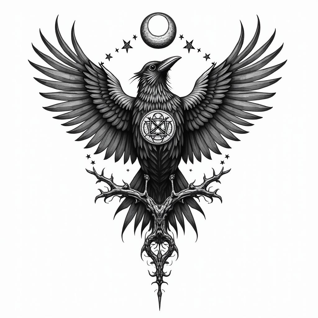 Crow, entwine, thorn, sideways, flap.in paganic style tattoo, featuring ancient symbols, add vegvisir symbol, mystical figures, incorporating designs, pentagrams, runes, crescent moons, - Variation 3