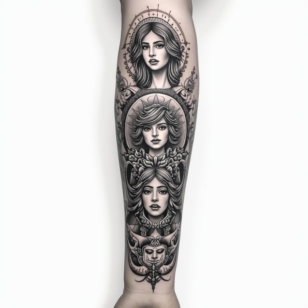 Full forearm tattoo with Virgo, Libra and Piscesin new school tattoo, pop culture, modern, detailed tattoo, illustrative