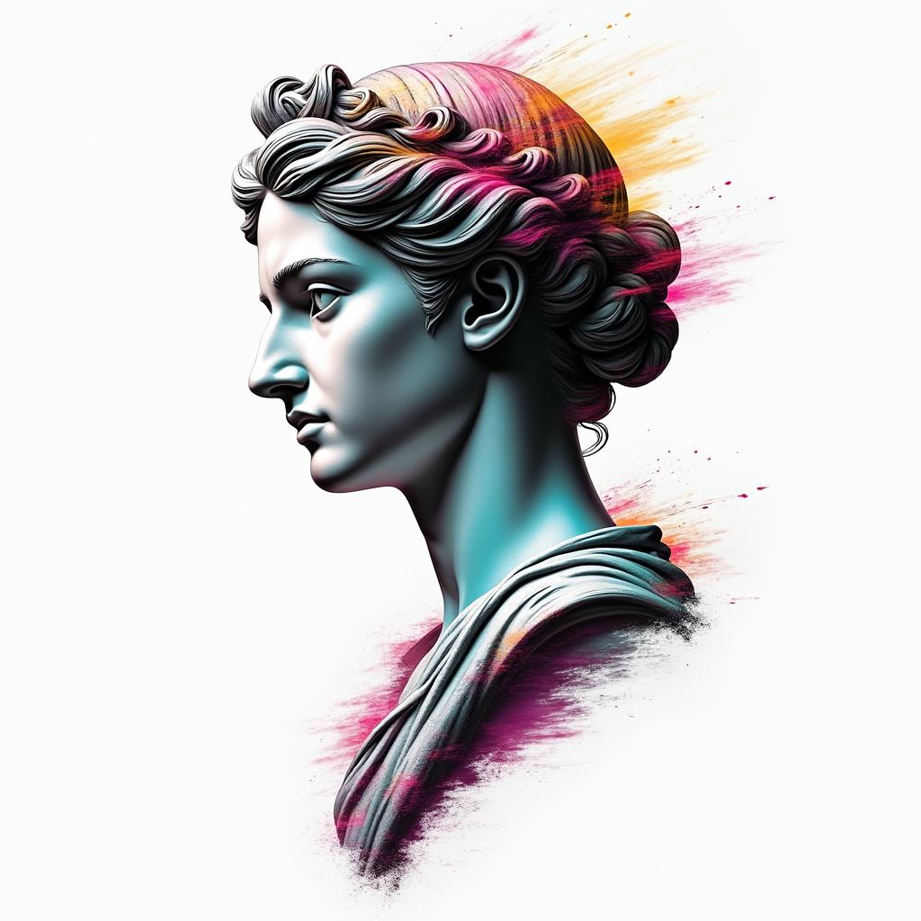Taryn, Ariesin distorted and fragmented tattoo design, featuring a classical statue bust, in a glitch art style with vibrant, overlapping colors of cyan, magenta, and yellow, creating a digital distortion effect - Variation 2