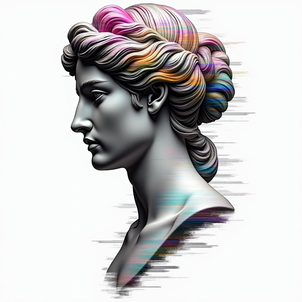 Taryn, Ariesin distorted and fragmented tattoo design, featuring a classical statue bust, in a glitch art style with vibrant, overlapping colors of cyan, magenta, and yellow, creating a digital distortion effect - Variation 4