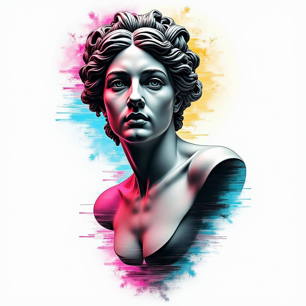 Taryn, Ariesin distorted and fragmented tattoo design, featuring a classical statue bust, in a glitch art style with vibrant, overlapping colors of cyan, magenta, and yellow, creating a digital distortion effect - Variation 3