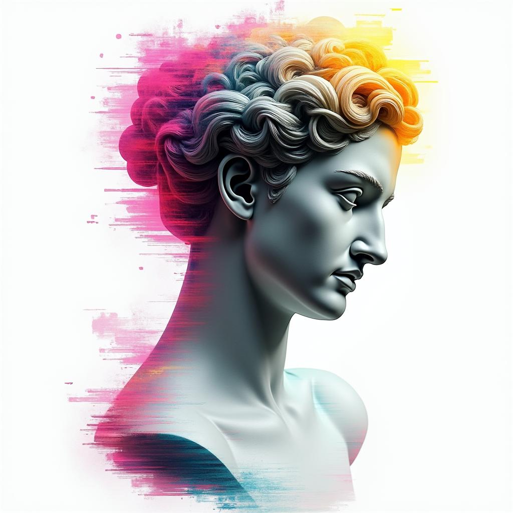 Taryn, Ariesin distorted and fragmented tattoo design, featuring a classical statue bust, in a glitch art style with vibrant, overlapping colors of cyan, magenta, and yellow, creating a digital distortion effect